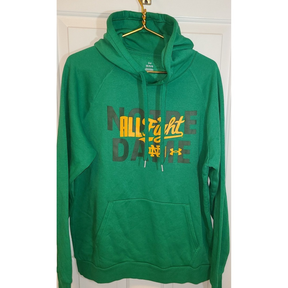 Notre Dame Fighting Irish All Fight Hoodie Men's L Green Logo Under Armour Loose